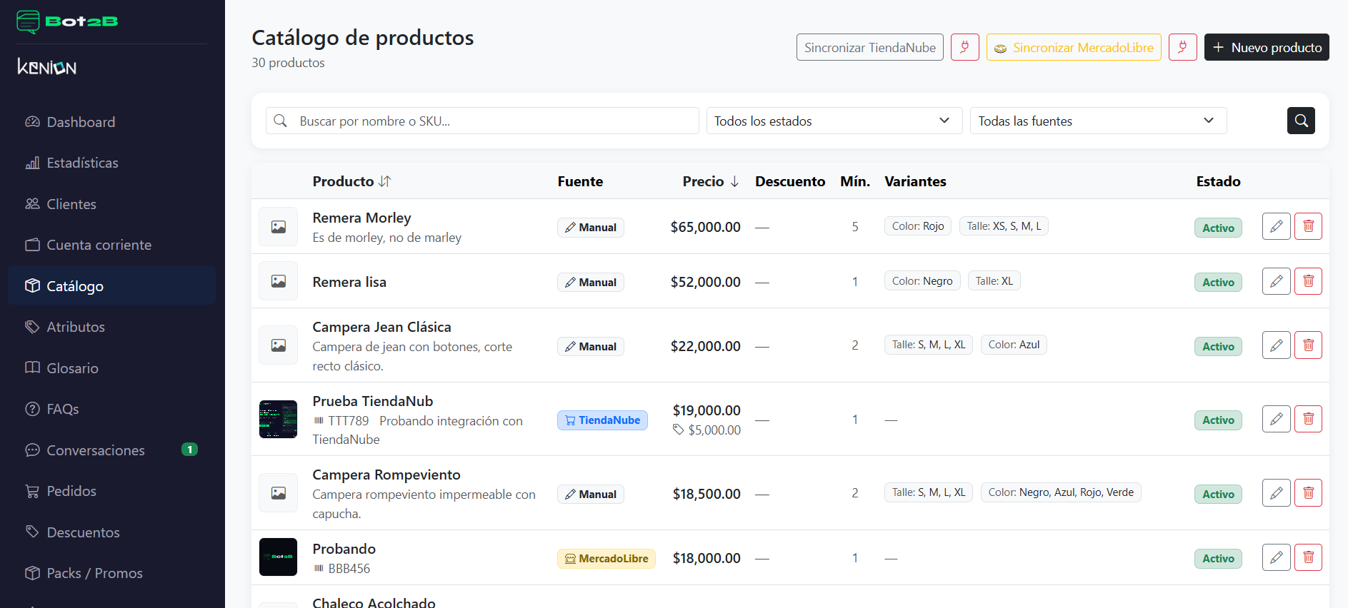 Catálogo de productos Bot2B